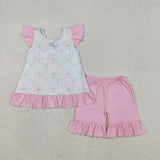 Floral Bow Pattern Blue Stripe Pink Girls Shorts Sets