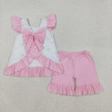 Floral Bow Pattern Blue Stripe Pink Girls Shorts Sets