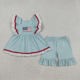 Flag Lace Ruffles Light Blue Girls 4th of July Outfits
