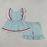 Flag Lace Ruffles Light Blue Girls 4th of July Outfits