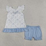 Dog Blue Ruffles White Girls Shorts Sets