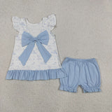 Dog Blue Ruffles White Girls Shorts Sets