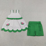 Watermelon Pink Stripe Scalloped Green Girls Shorts Sets