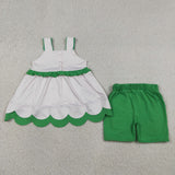 Watermelon Pink Stripe Scalloped Green Girls Shorts Sets