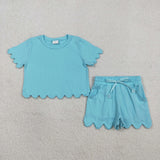 Solid Sky Blue Cotton Scalloped Girls Shorts Sets
