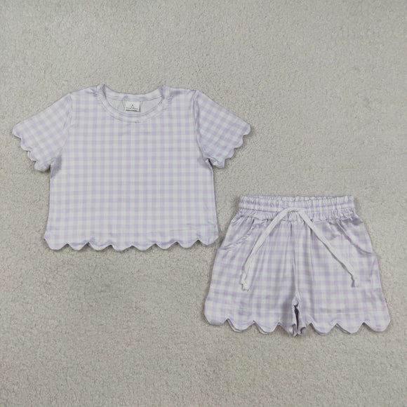 Light Purple Plaid Scalloped Girls Shorts Sets