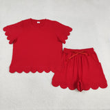 Solid Red Scalloped Mommy & Me Adult Shorts Sets