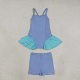 Solid Blue Ruffles Athletic Girls Shorts Sets
