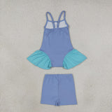 Solid Blue Ruffles Athletic Girls Shorts Sets