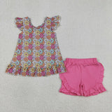 Colorful Floral Hot Pink Ruffles Girls Shorts Sets
