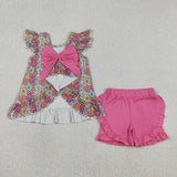 Colorful Floral Hot Pink Ruffles Girls Shorts Sets