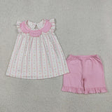 Floral Pink Stripe Girls Shorts Sets