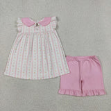 Floral Pink Stripe Girls Shorts Sets