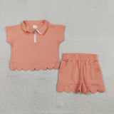 Solid Light Orange Zipper Scalloped Girls Shorts Sets