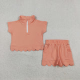 Solid Light Orange Zipper Scalloped Girls Shorts Sets