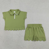 Solid Green Zipper Scalloped Girls Shorts Sets