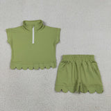 Solid Green Zipper Scalloped Girls Shorts Sets