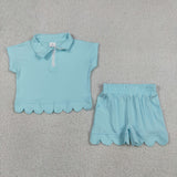 Solid Light Blue Zipper Scalloped Girls Shorts Sets