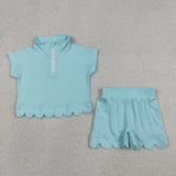 Solid Light Blue Zipper Scalloped Girls Shorts Sets