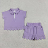 Solid Purple Zipper Scalloped Girls Shorts Sets