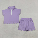 Solid Purple Zipper Scalloped Girls Shorts Sets