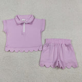 Solid Lavender Zipper Scalloped Girls Shorts Sets