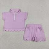 Solid Lavender Zipper Scalloped Girls Shorts Sets