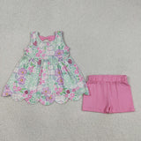 Floral Pink Bows Scalloped Girls Shorts Sets