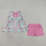 Floral Pink Bows Scalloped Girls Shorts Sets