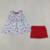 Flag Firework Sky Blue Red Bows Scalloped Girls 4th of July Outfits
