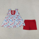 Flag Firework Sky Blue Red Bows Scalloped Girls 4th of July Outfits