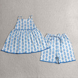 Blue Floral White Girls Shorts Sets