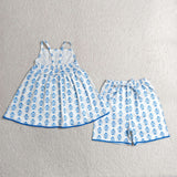 Blue Floral White Girls Shorts Sets