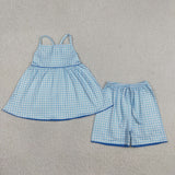 Sky Blue Plaid Girls Shorts Sets