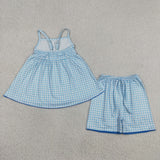 Sky Blue Plaid Girls Shorts Sets