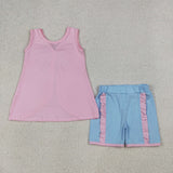 Solid Sky Blue Bow Pink Girls Shorts Sets