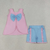 Solid Sky Blue Bow Pink Girls Shorts Sets