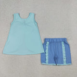 Solid Sky Blue Bow Girls Shorts Sets