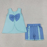 Solid Sky Blue Bow Girls Shorts Sets