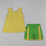 Solid Green Bow Yellow Girls Shorts Sets