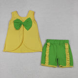 Solid Green Bow Yellow Girls Shorts Sets