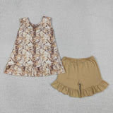 Branch Leaves Brown Ruffles Girls Shorts Sets