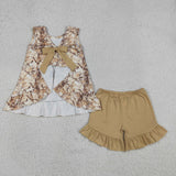 Branch Leaves Brown Ruffles Girls Shorts Sets