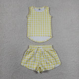 Yellow Plaid Vest Butterfly Athletic Girls Shorts Sets