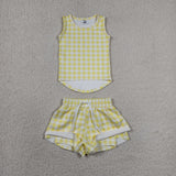Yellow Plaid Vest Butterfly Athletic Girls Shorts Sets