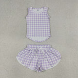 Solid Light Purple Plaid Vest Butterfly Athletic Girls Shorts Sets