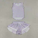 Solid Light Purple Plaid Vest Butterfly Athletic Girls Shorts Sets