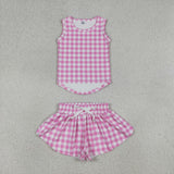 Solid Hot Pink Plaid Vest Butterfly Athletic Girls Shorts Sets