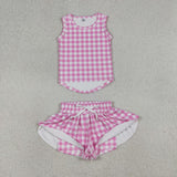 Solid Hot Pink Plaid Vest Butterfly Athletic Girls Shorts Sets