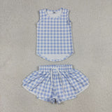 Solid Blue Plaid Vest Butterfly Athletic Girls Shorts Sets